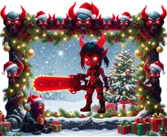 Slot section tile with a devil girl and a chainsaw by a Christmas tree